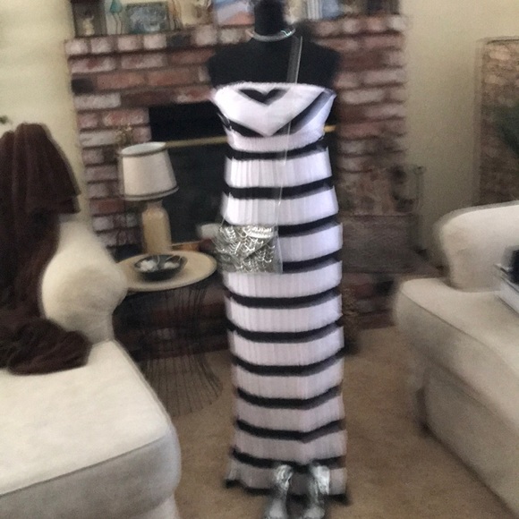 Sheer Black & White Striped Strapless Maxi Dress - Picture 2 of 6